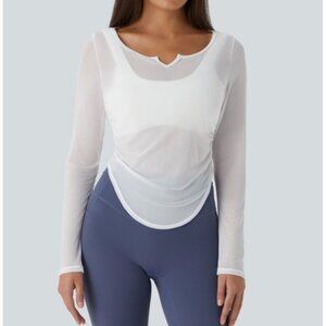 Halara Sheer Mesh V Notch Long Sleeve Ruched Curved Hem Yoga Sports Top Sz Mediu